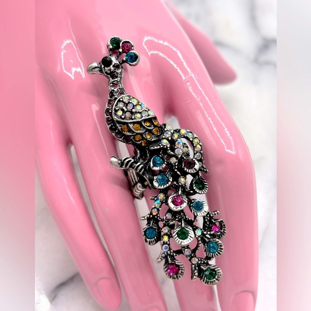 Peacock Bird Large Finger Stretch‎ Ring Jewelry with Crystals
